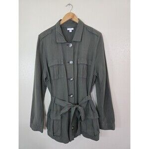 J Jill XL Tall Olive Green Military Utility Tie Waist Button Front Jacket Linen